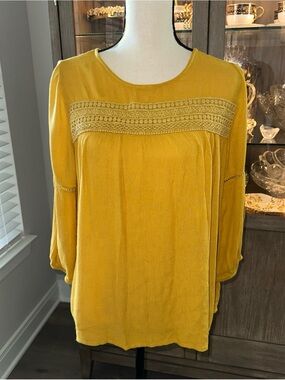 John’s Bay Mustard Yellow Boho Crochet Lace Inset Peasant Blouse Top